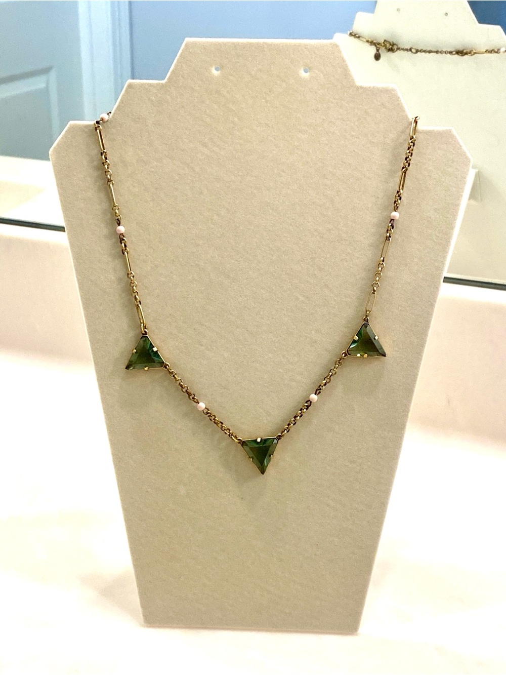 J. Crew Gold Chain Necklace with Green Triangle Stones and Pink Beads